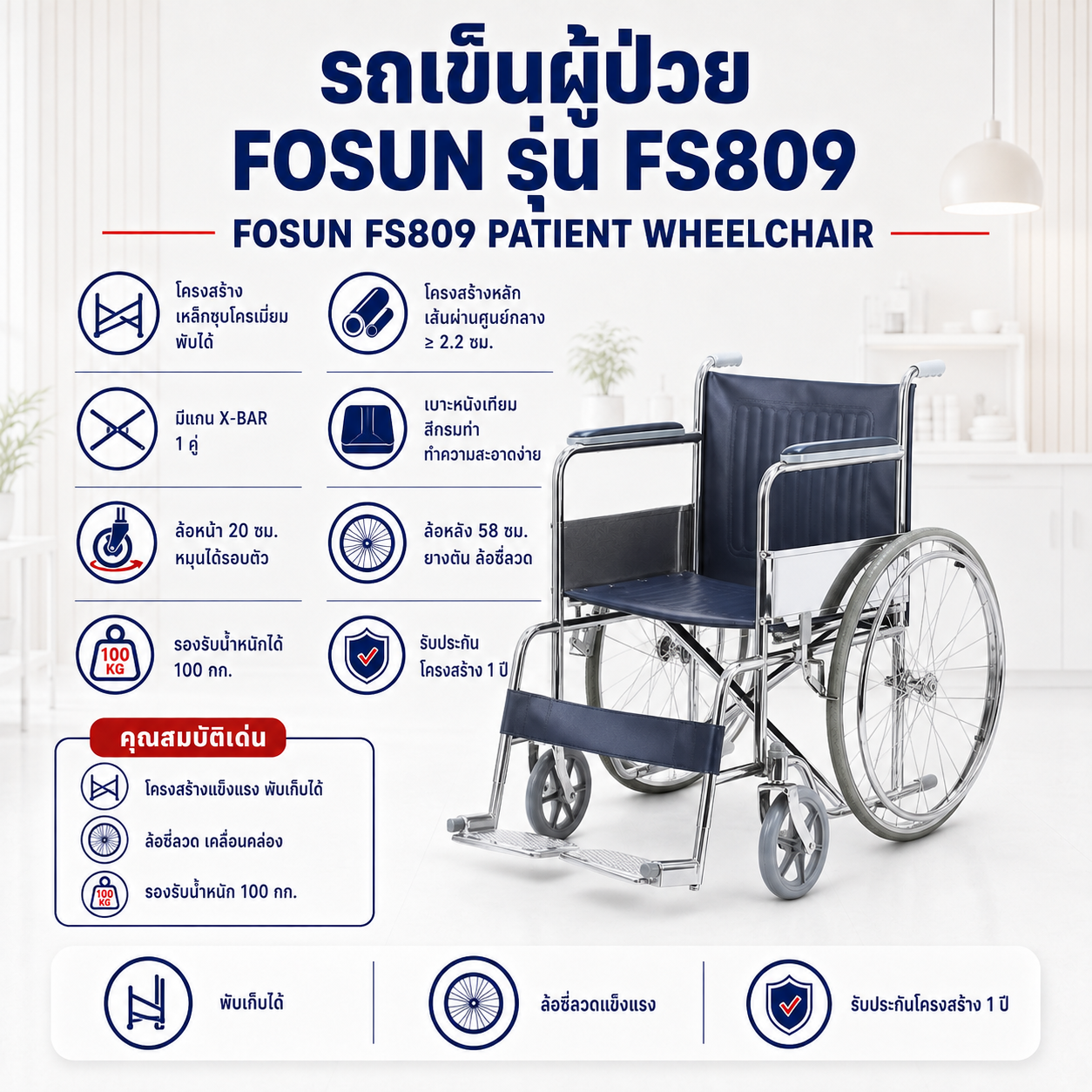 รถเข็นวีลแชร์ FOSUN FS809