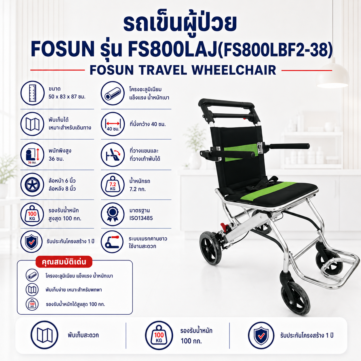 รถเข็นวีลแชร์ FOSUN FS800LBF2-38