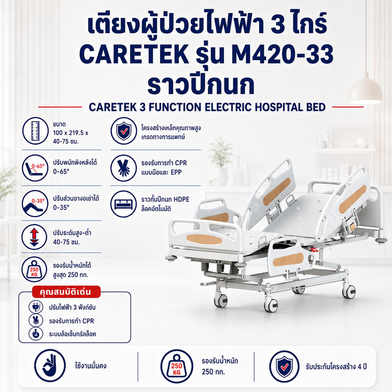 เตียงผู้ป่วยไฟฟ้า 3 ไกร์ CARETEK M420-33