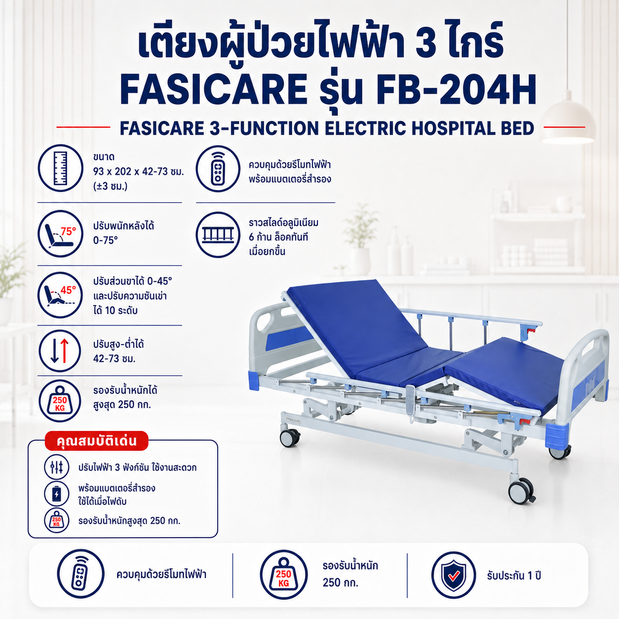 เตียงผู้ป่วยไฟฟ้า 3 ไกร์ FASICARE FB-204H